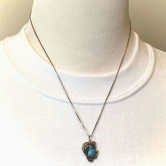 Vintage Turquoise Pendant Sterling Silver Necklace 925 18.5" Box Chain Feather - Picture 10 of 12